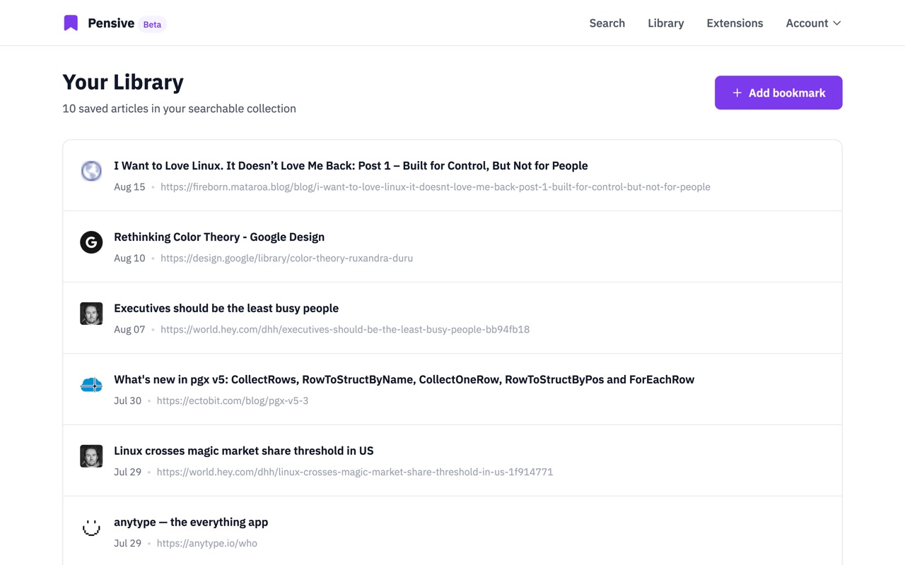 Pensive Library - Your personal collection of saved content