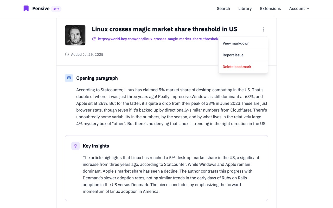 Detailed view of saved content with full text search